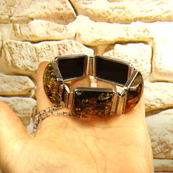 AMBER and 925 SILVER HEAVY LINK BRACELET 8 inch, Chunky BRACELET, UNISEX GIFT - Picture 6 of 10